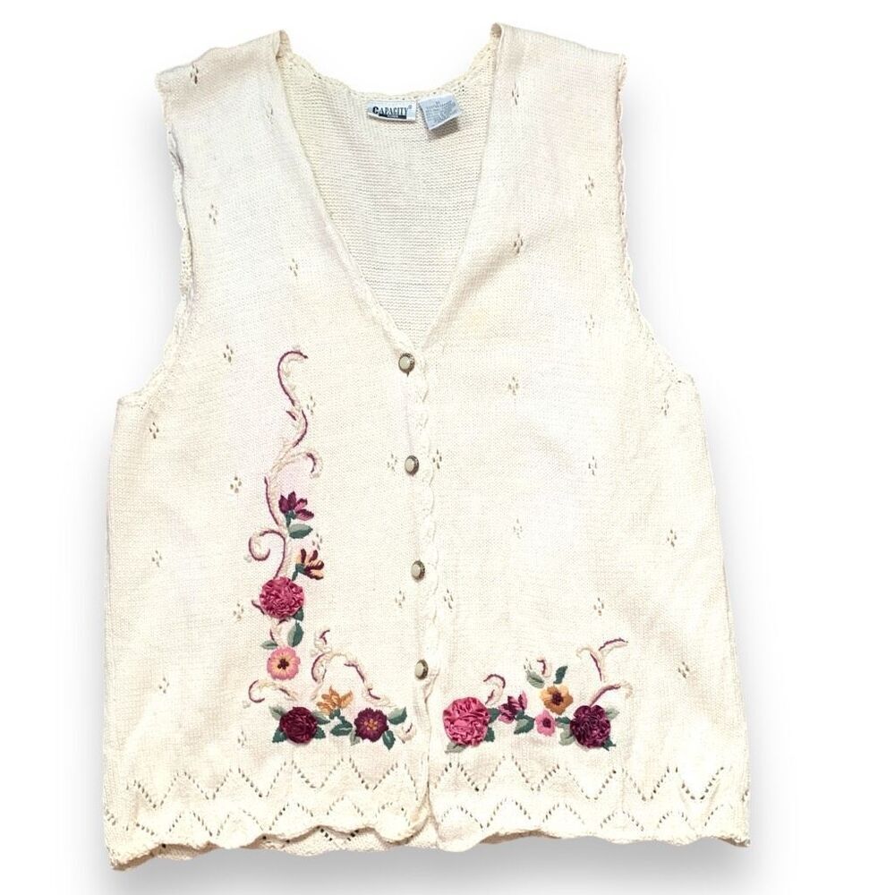 Vintage 90s Embroidered Printed Knit Sweater Vest Oatmeal Burgundy Dark Floral